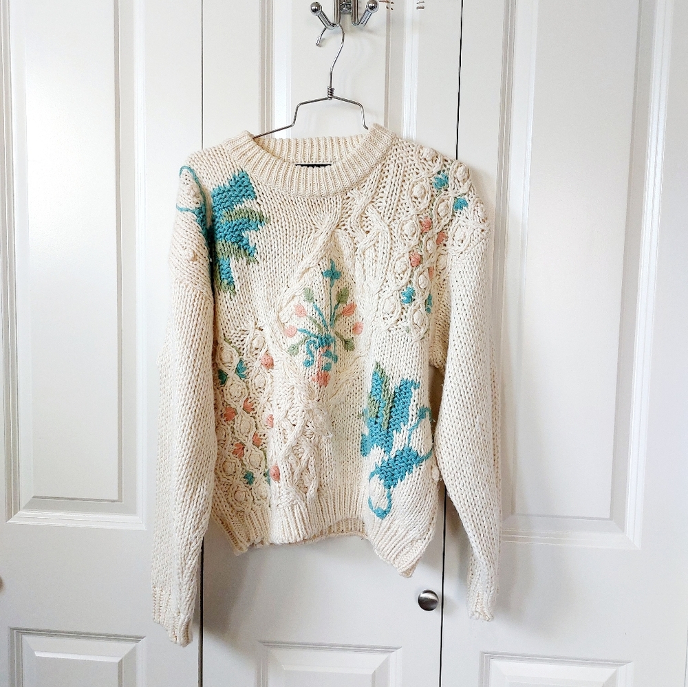 90s Cream Peach Teal Chunky Granny Sweater Large Rafferty Cottagecore Cableknit‎